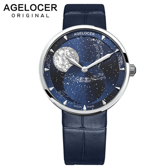 AGELOCER Swiss Brand Ladies Real Moonphase Watch Women Sapphire Waterproof Blue Leather Wrist Watches Moon phase Bracelet 6504A1