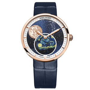 AGELOCER Swiss Brand Ladies Real Moonphase Watch Women Sapphire Waterproof Blue Leather Wrist Watches Moon phase Bracelet 6504A1