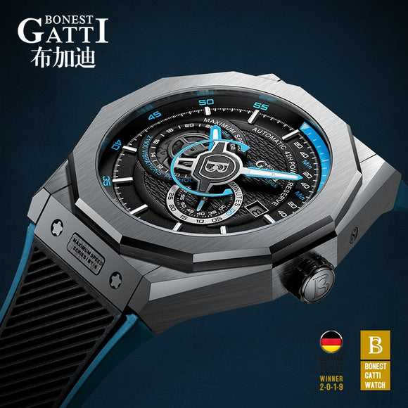 Automatic Mechanical Watch Men Top Brand GATTI Luxury Leather Mens Wristwatches Waterproof Sports Blue Watches Relogio Masculino