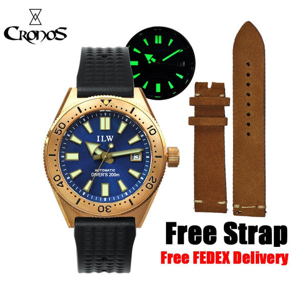 Cronos ILW Diver Men Watch Bronze CUSN8 Automatic NH35 Rotate Bezel Waffle Rubber Strap Sapphire Glass