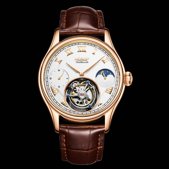 AESOP Flying Stuhrling Tourbillon Men's Mechanical Watch Watches Male Leather Gold Skeleton Watch for Men Man Luxury Clock Kit