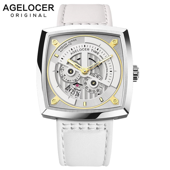 Swiss Brand AGELOCER Ladies Mechanical Watch Women Wristwatches Skeleton Square Watches Leather Strap Gift +BOX 5609A10