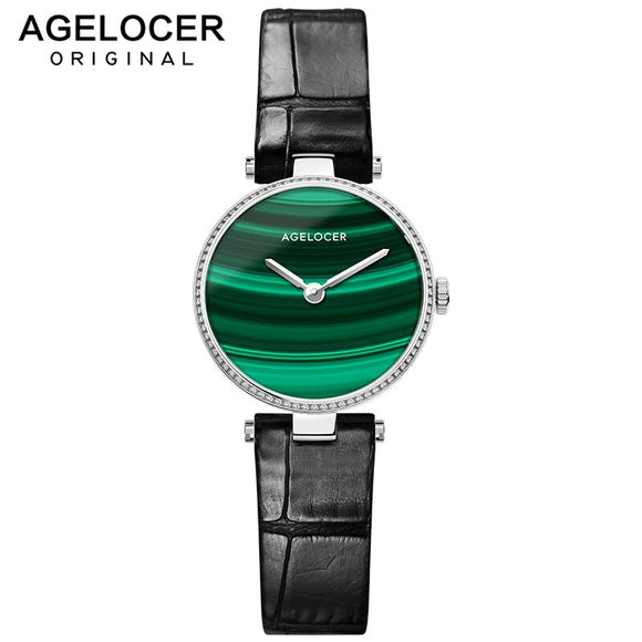 AGELOCER Small Green Women Watches Swiss Malachite Ladies Watch Minimalist Analog Quartz Unique Micro Pave Diamond Female Watch