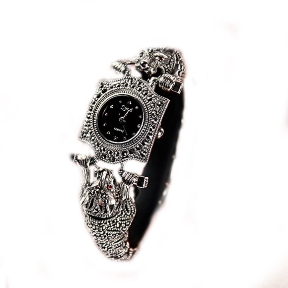 Jade Angel Women's Watch Thailand Vintage Style Leopard Marcasite Ladies Wristwatch Sterling Silver Jewelry